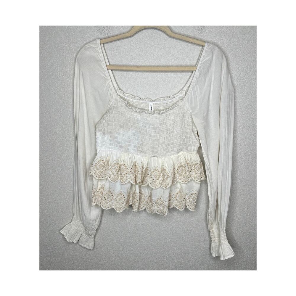 American Eagle Top Womens M Cream White 100% Cotton Lace Ruffle Peplum Milkmaid